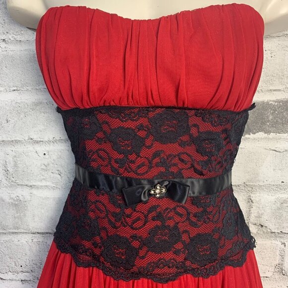 Vintage Y2K Red Sheer Black Lace Corset Strapless Babydoll Dress - Picture 3 of 16